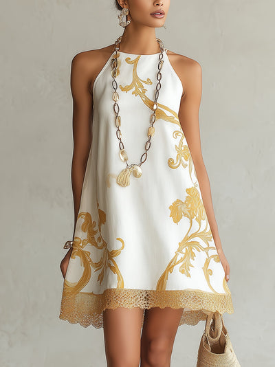 Golden Floral Lace Mini Dress