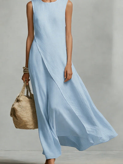Sleeveless Asymmetric Hem Ivory Breathable Linen Dress