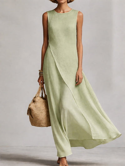 Sleeveless Asymmetric Hem Ivory Breathable Linen Dress
