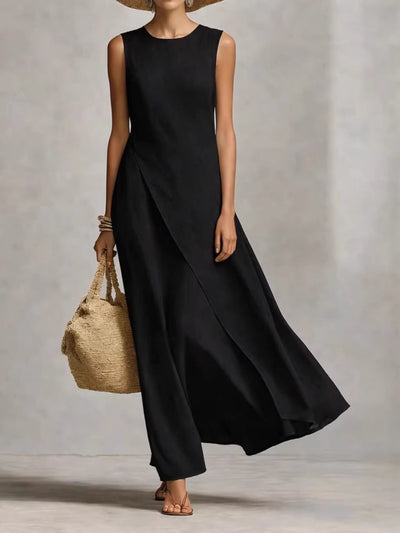 Sleeveless Asymmetric Hem Ivory Breathable Linen Dress