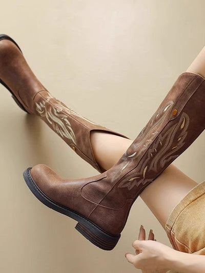 Brown embroidered back zipper long boots