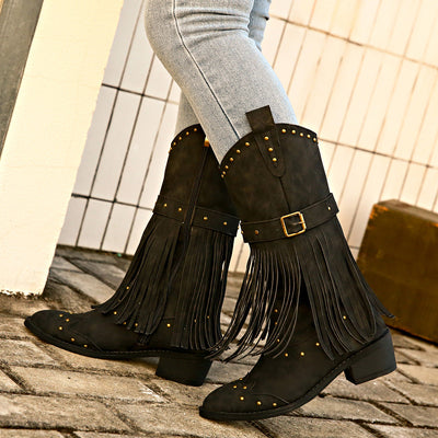 Retro tassel rivet belt knight boots