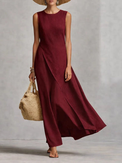 Sleeveless Asymmetric Hem Ivory Breathable Linen Dress