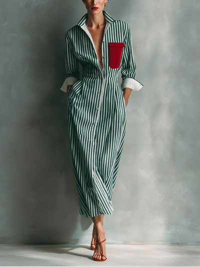 Blue And White Cotton Blend Striped Shirt Dress With Red Chest Pocket