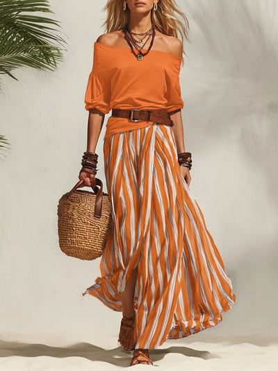 Off-the-shoulder Top & Slit Skirt Set