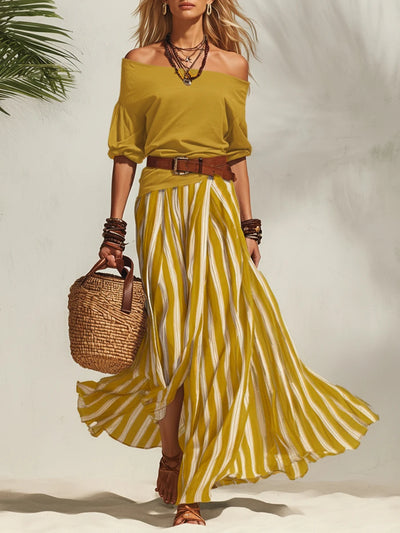 Off-the-shoulder Top & Slit Skirt Set
