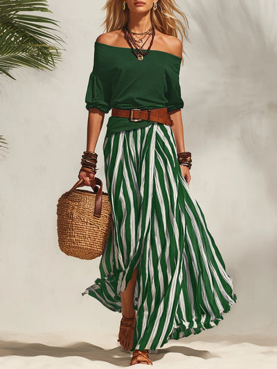 Off-the-shoulder Top & Slit Skirt Set