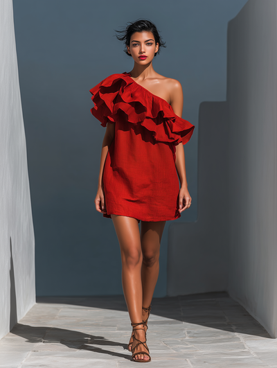Red Linen-Blend One-Shoulder Tiered Mini Dress