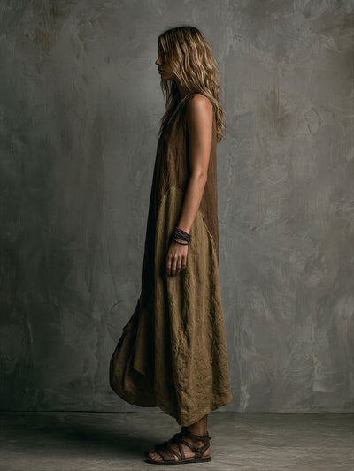 Brown And Khaki Cotton-Linen Patchwork V-Neck Sleeveless Asymmetrical Long Dress