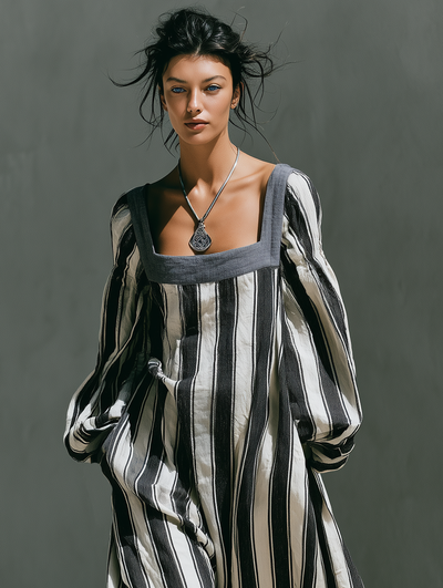 Minimalist Striped Square-Neck Maxi Dress