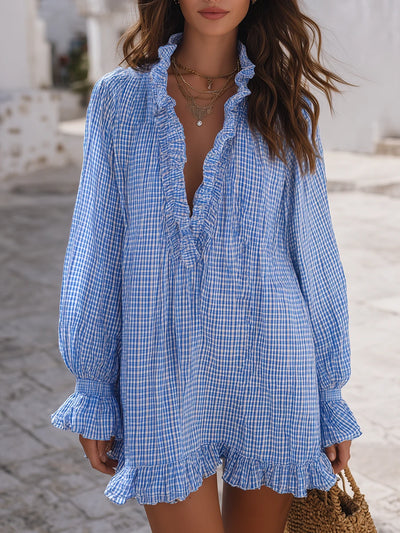 Santorini Breeze Blue Gingham Ruffle Mini Dress
