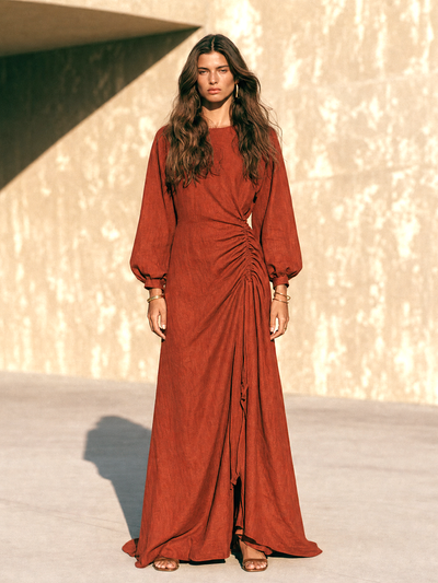 Ruched Side Long-Sleeve Maxi Dress
