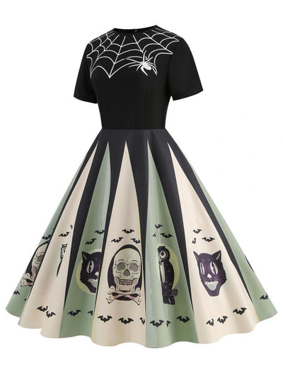 Halloween Spider Web Print Patchwork Dress