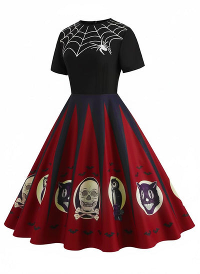 Halloween Spider Web Print Patchwork Dress