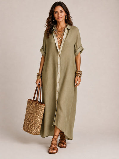 Linen-Blend Short-Sleeve Shirt Maxi Dress
