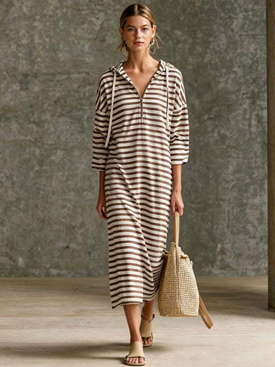 Striped Half-Zip Hooded Midi Dress