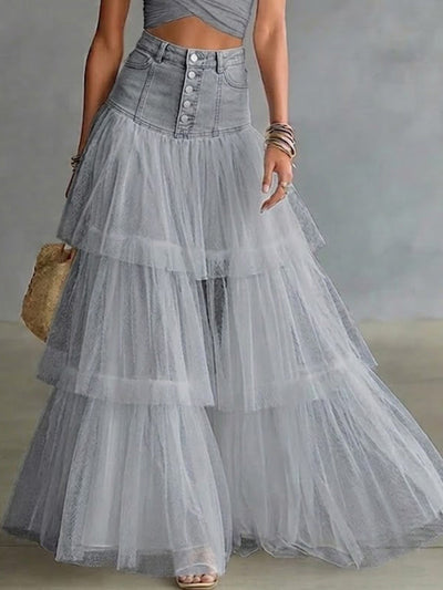 Stylish Casual Spliced Mesh Denim Skirt