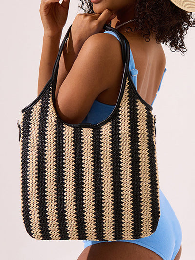 Women's Contrast Striped Vintage Straw Shoulder Bag