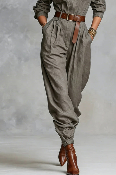 Cotton And Linen Blended Long Sleeve Shirt Jumpsuit