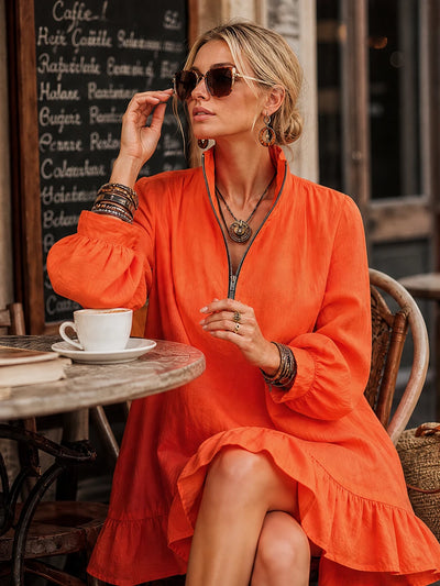 Orange Cotton Linen Long Sleeve Mini Dress