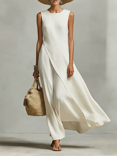 Sleeveless Asymmetric Hem Ivory Breathable Linen Dress