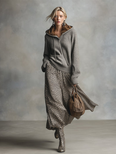Elegant And Versatile Gray Leopard Print A-line Skirt