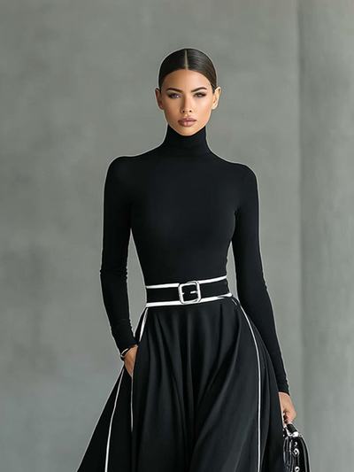 Women's Black Stitching White Trim High Collar Long Sleeve Tight Belt Maxi Dress