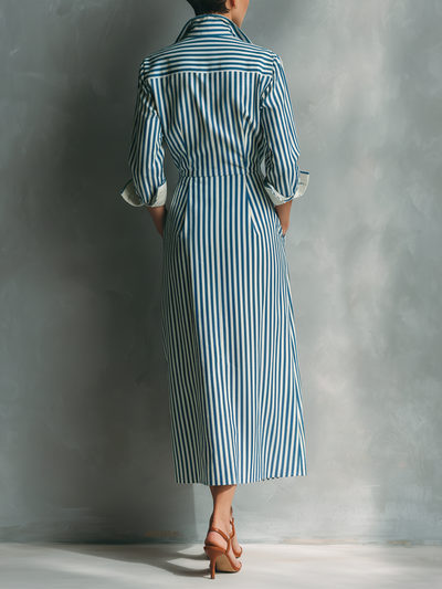 Blue And White Cotton Blend Striped Shirt Dress With Red Chest Pocket