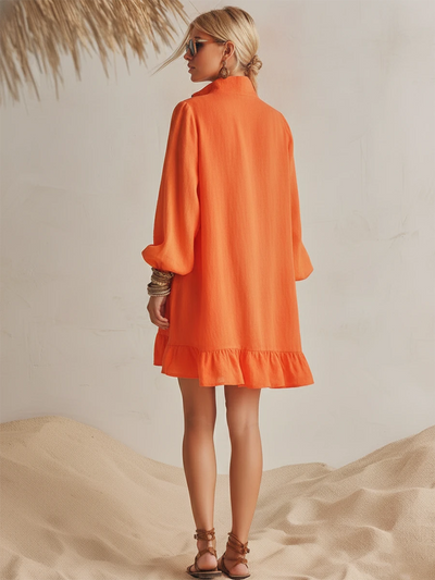 Orange Cotton Linen Long Sleeve Mini Dress