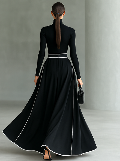 Women's Black Stitching White Trim High Collar Long Sleeve Tight Belt Maxi Dress