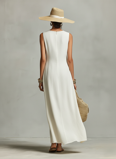 Sleeveless Asymmetric Hem Ivory Breathable Linen Dress