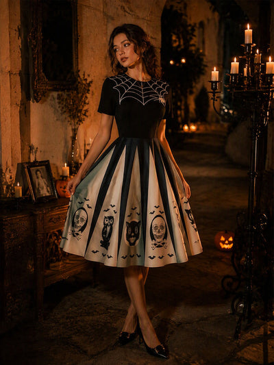 Halloween Spider Web Print Patchwork Dress