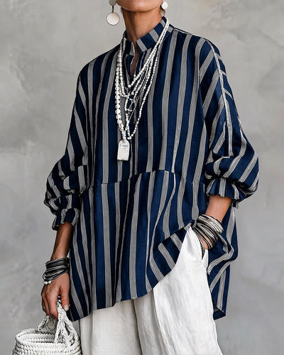 Ruffle Stand Collar Striped Babydoll Top
