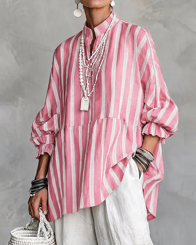 Ruffle Stand Collar Striped Babydoll Top