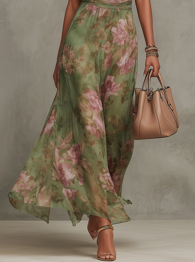 Green Floral Chiffon Halter Maxi Dress