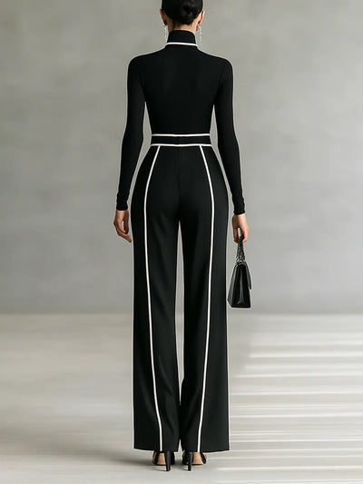 White Trim High-neck Long-sleeved Top With Wide-leg Pants and Belt Set