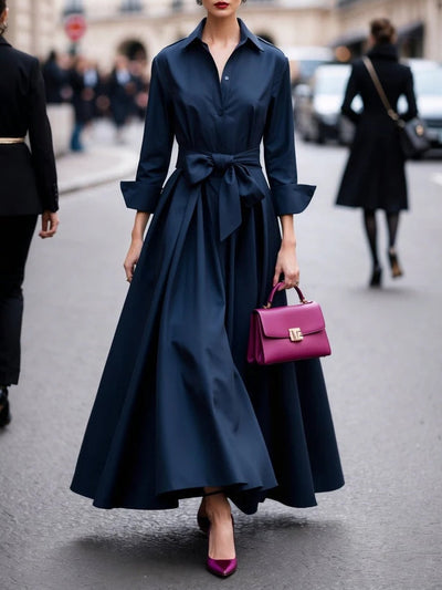 Elegant Long-sleeved Shirt-style Tie Maxi Dress