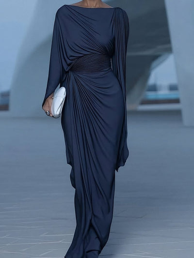 Dark Blue Pleated Cape Draped Maxi Dress