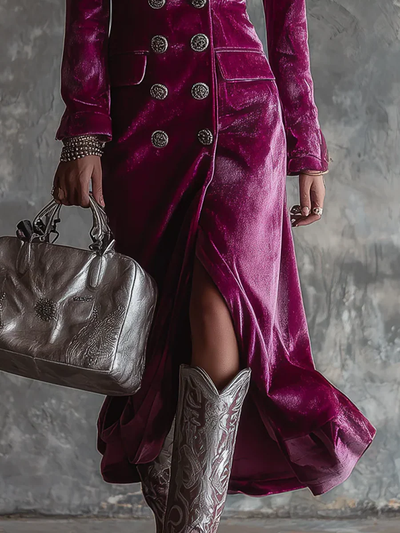 Purple Button-Down Velvet Long Blazer Maxi Dress