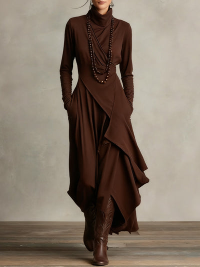 Purple High-neck Asymmetrical Pleated Maxi Dress