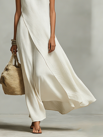 Sleeveless Asymmetric Hem Ivory Breathable Linen Dress