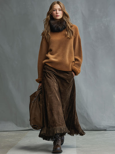Casual Vintage Cocoa Brown Faux Suede Tassel Skirt