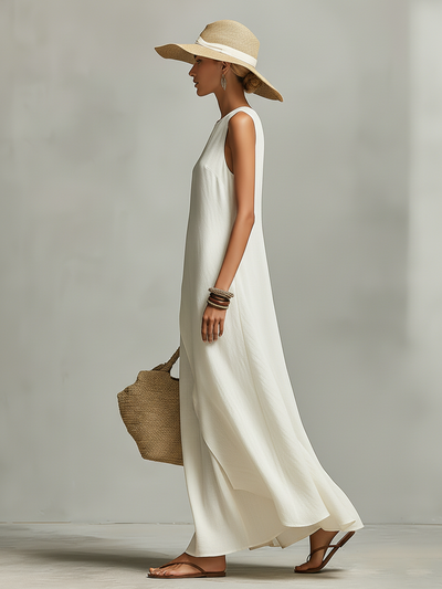 Sleeveless Asymmetric Hem Ivory Breathable Linen Dress