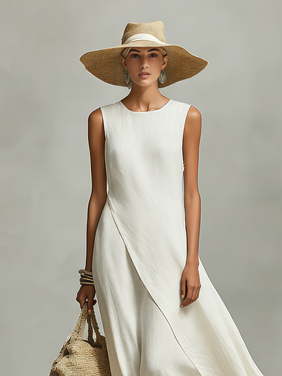 Sleeveless Asymmetric Hem Ivory Breathable Linen Dress