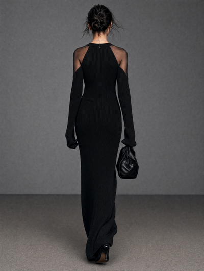 Sheer Panel Long-Sleeve Maxi Dress