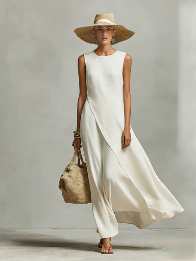 Sleeveless Asymmetric Hem Ivory Breathable Linen Dress