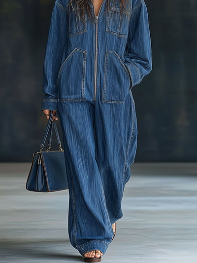 Casual Loose Retro Pocket Long Sleeve Hooded Zipper Denim Jumpsuit