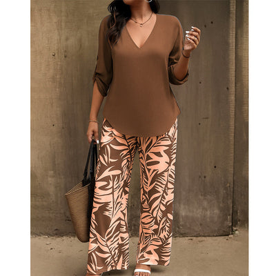 Women's V-Neck Blouse & Printed Wide-Leg Pants Set