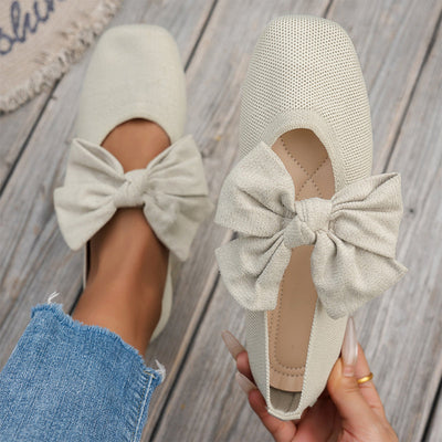 Square-Toe Knit Bow Flat Shoes