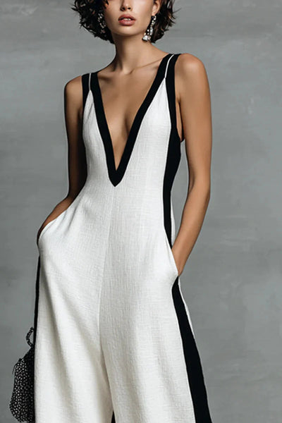 Black & White Contrast Stripe Sleeveless Jumpsuit